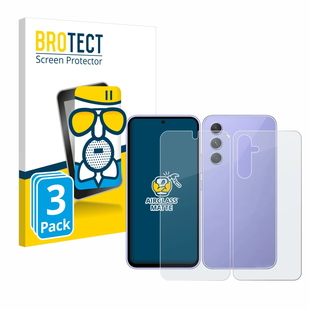 Face avant d’un emballage produit avec le logo de la marque BROTECT. À côté, l’appareil Samsung Galaxy A54 5G (Avant+Arrière)