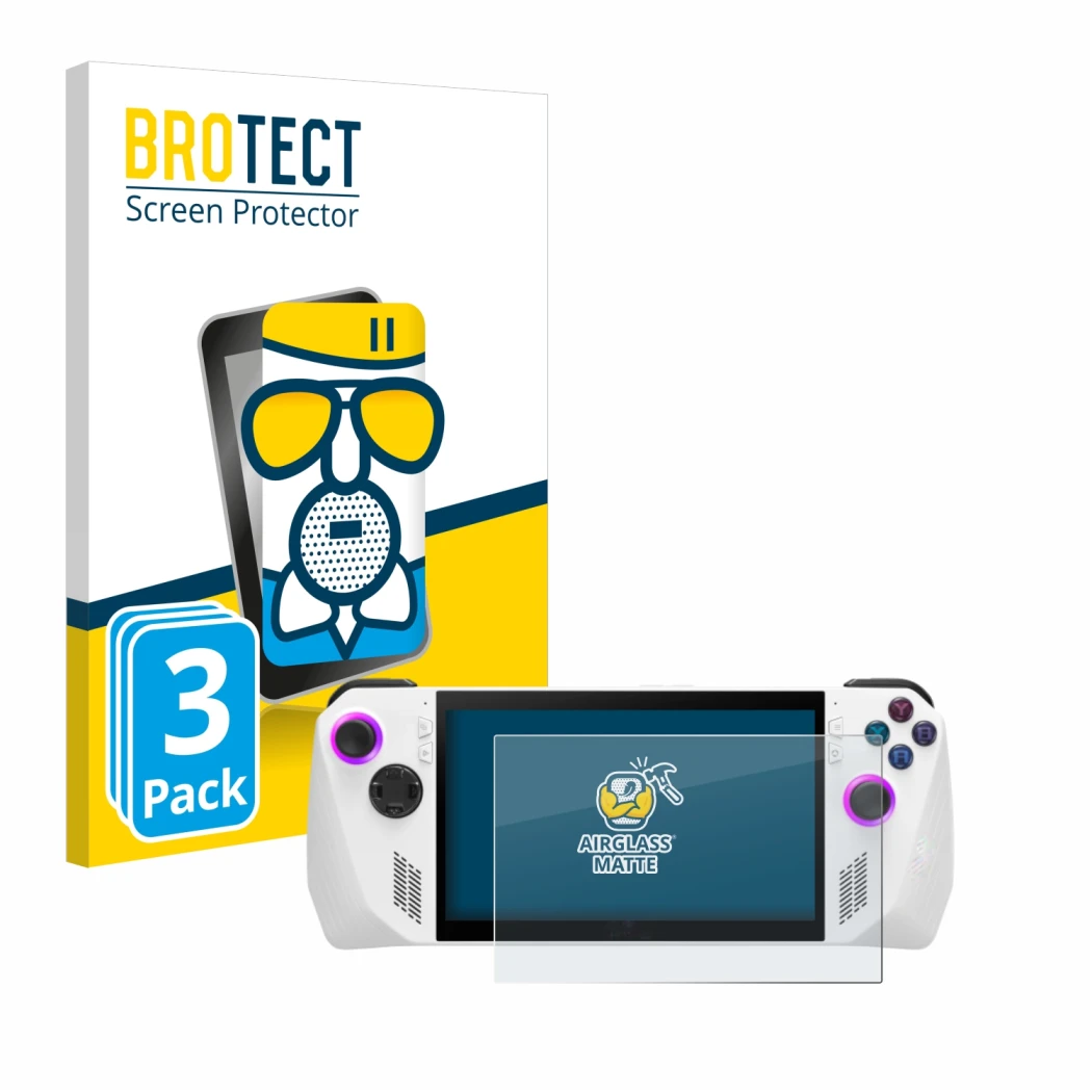 Face avant d’un emballage produit avec le logo de la marque BROTECT. À côté, l’appareil ASUS ROG Ally (2023) RC71L est représe