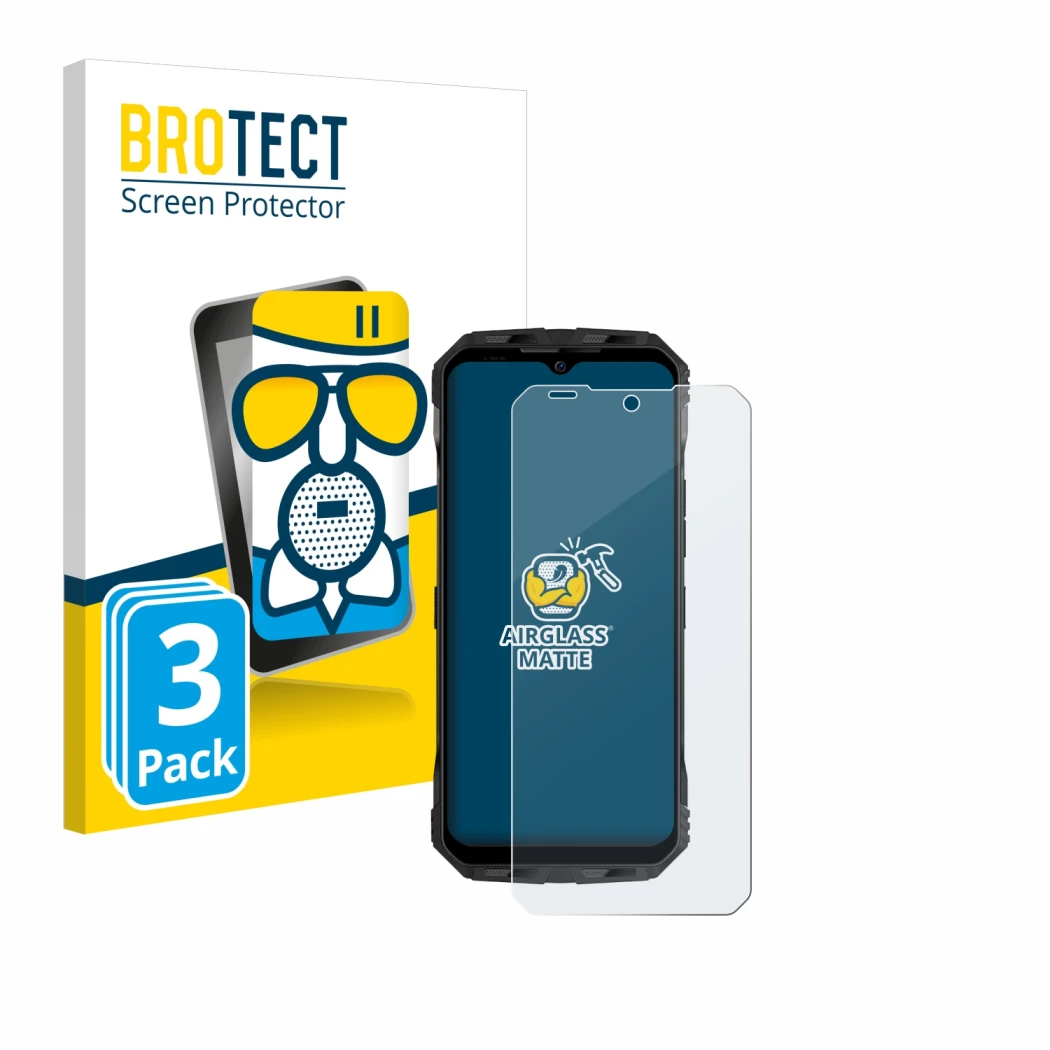 Face avant d’un emballage produit avec le logo de la marque BROTECT. À côté, l’appareil Doogee V Max est représenté avec la pr