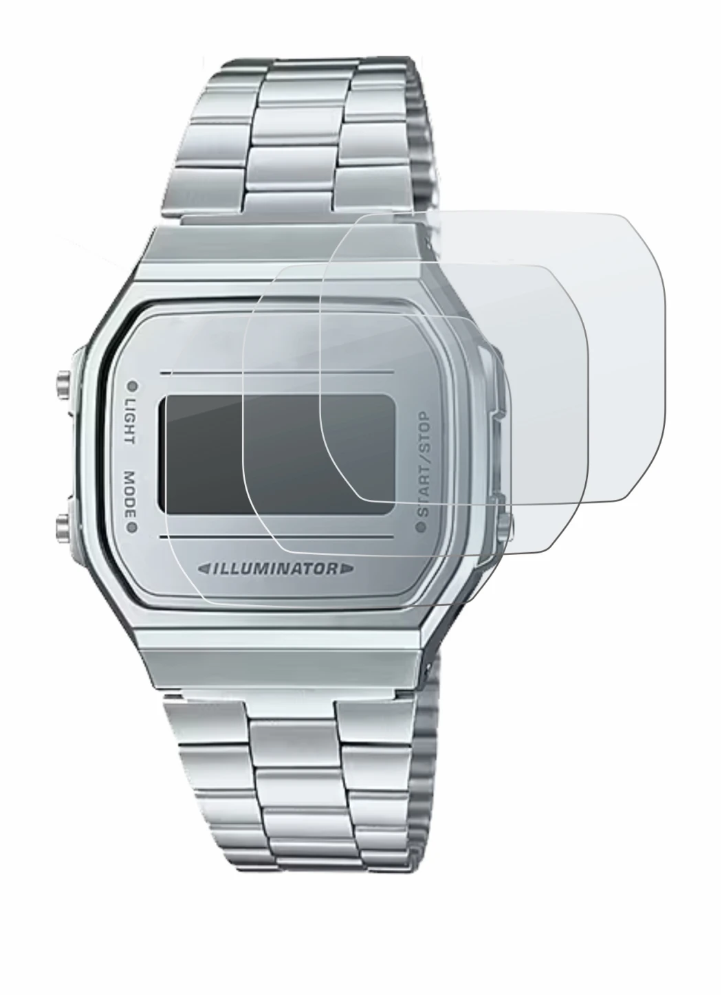 Image de l'appareil Casio A168WEM-7EF avec une grande variété de protections d'écran.
