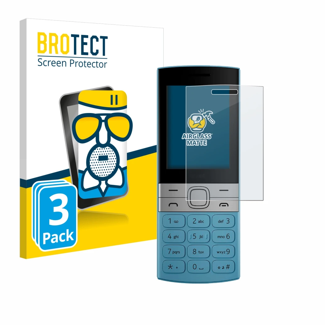 Face avant d’un emballage produit avec le logo de la marque BROTECT. À côté, l’appareil Nokia 150 (2023) est représenté avec l