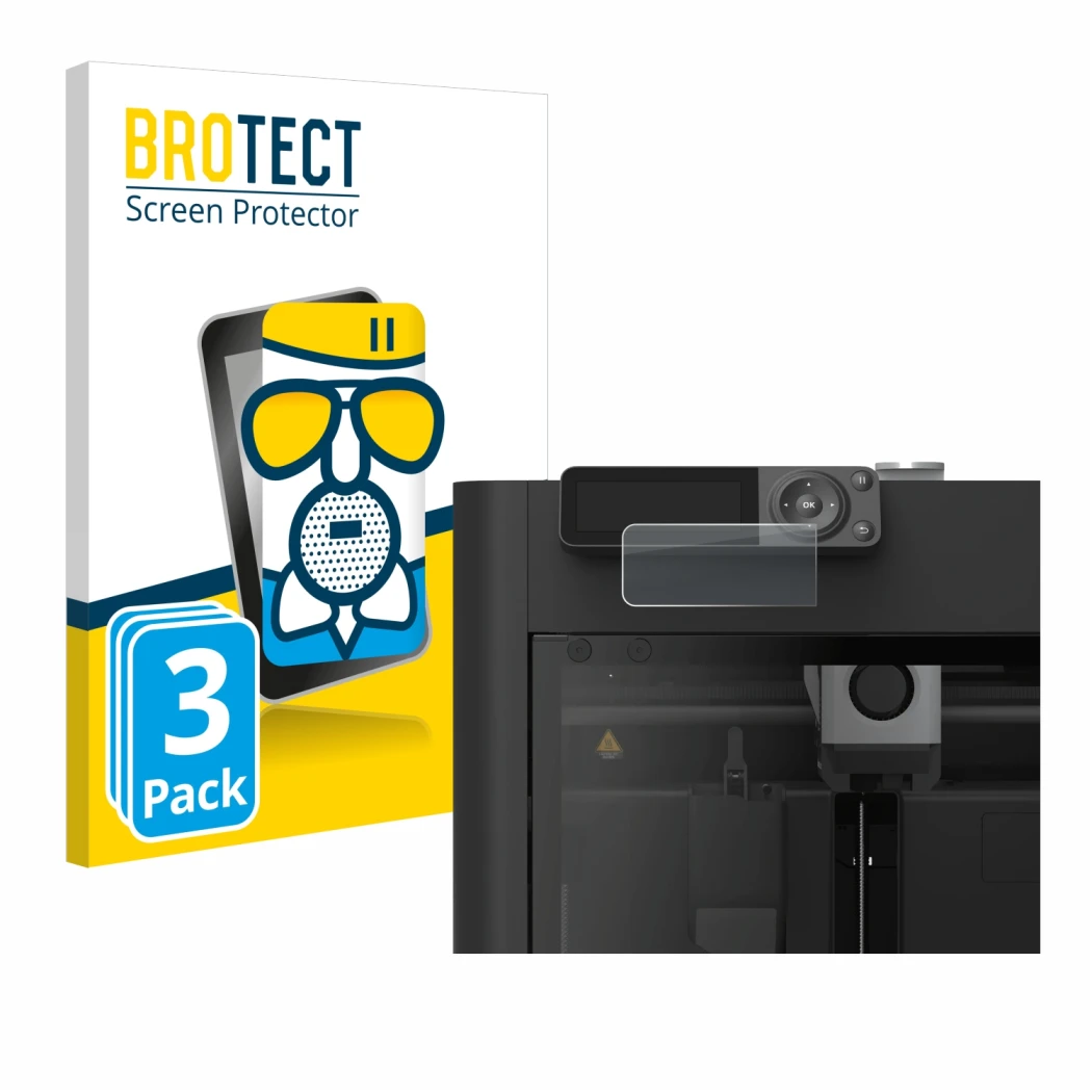 Face avant d’un emballage produit avec le logo de la marque BROTECT. À côté, l’appareil Bambu Lab P1S 3D Printer est représent