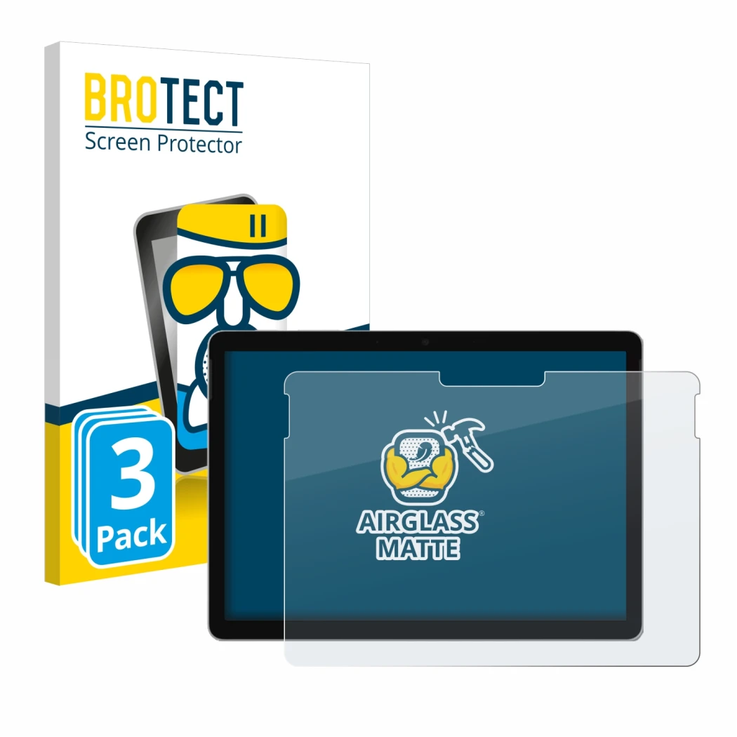 Face avant d’un emballage produit avec le logo de la marque BROTECT. À côté, l’appareil Microsoft Surface Go 4 est représenté 