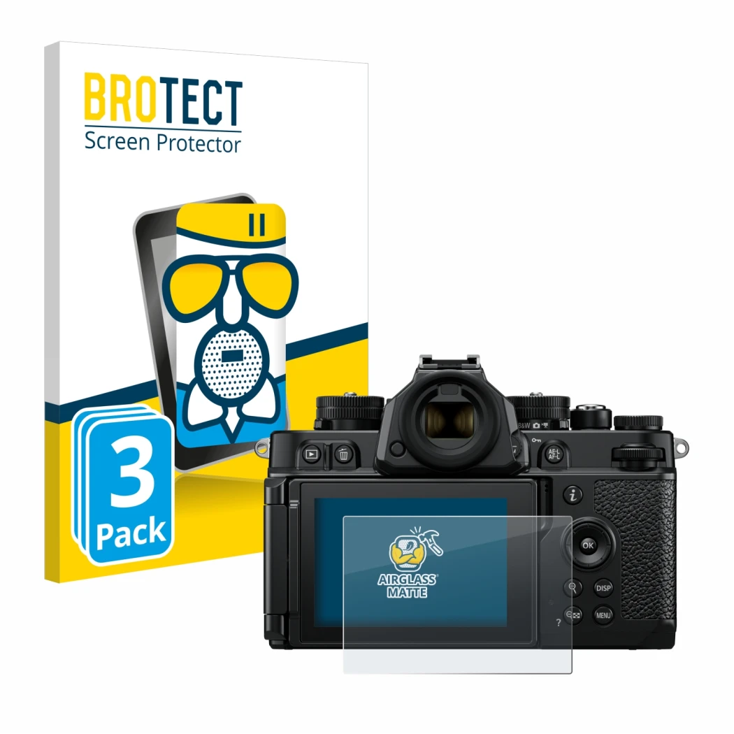 Face avant d’un emballage produit avec le logo de la marque BROTECT. À côté, l’appareil Nikon Z F est représenté avec la prote
