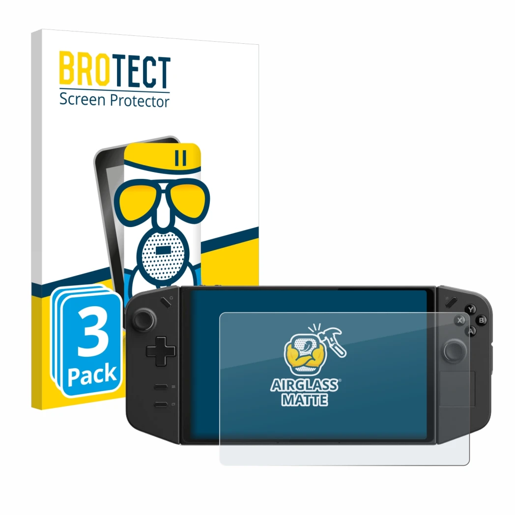 Face avant d’un emballage produit avec le logo de la marque BROTECT. À côté, l’appareil Lenovo Legion Go est représenté avec l