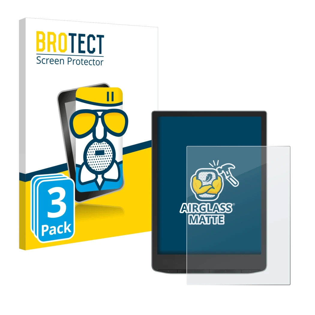 Face avant d’un emballage produit avec le logo de la marque BROTECT. À côté, l’appareil PocketBook InkPad Color 3 est représen