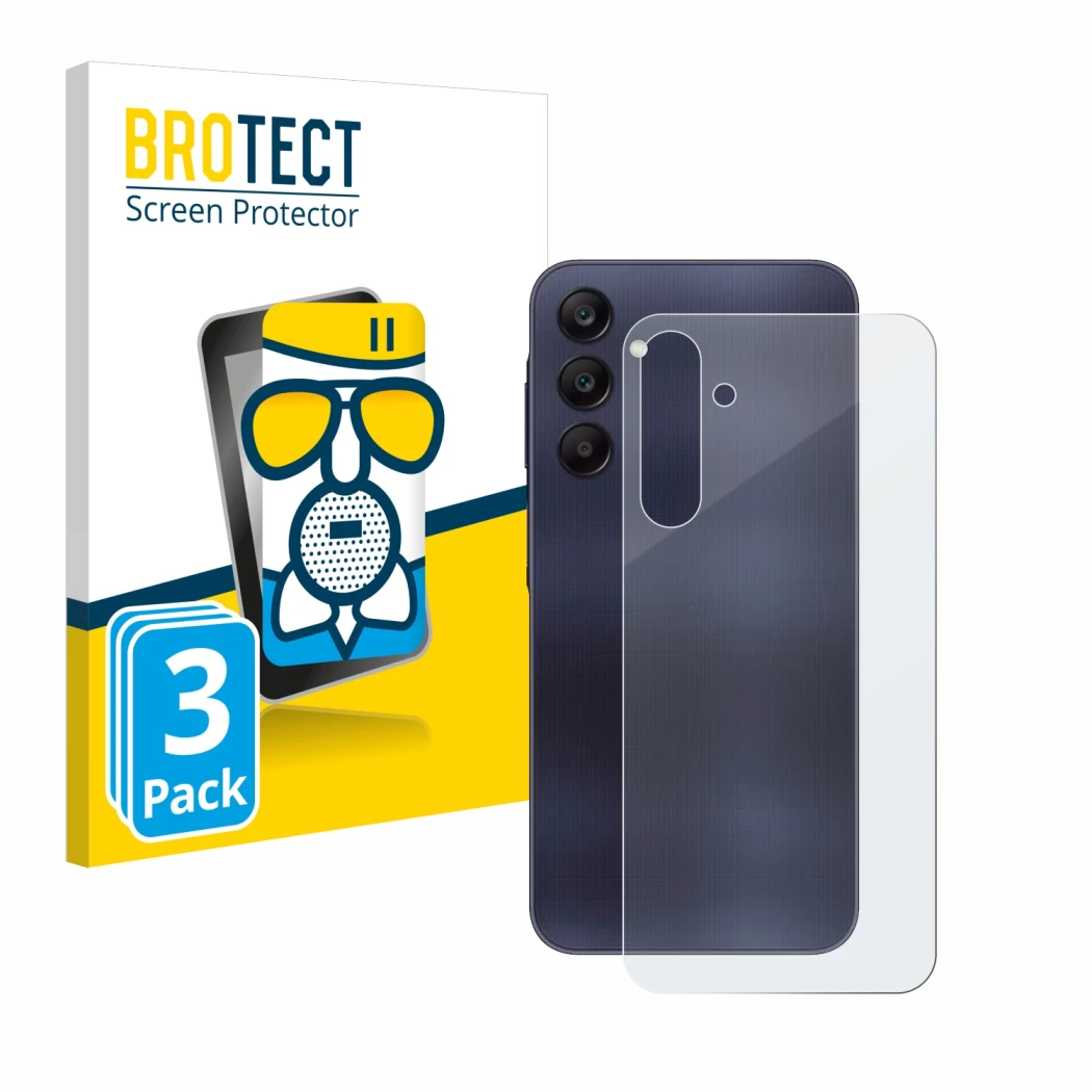 Face avant d’un emballage produit avec le logo de la marque BROTECT. À côté, l’appareil Samsung Galaxy A25 5G (Arrière) est re