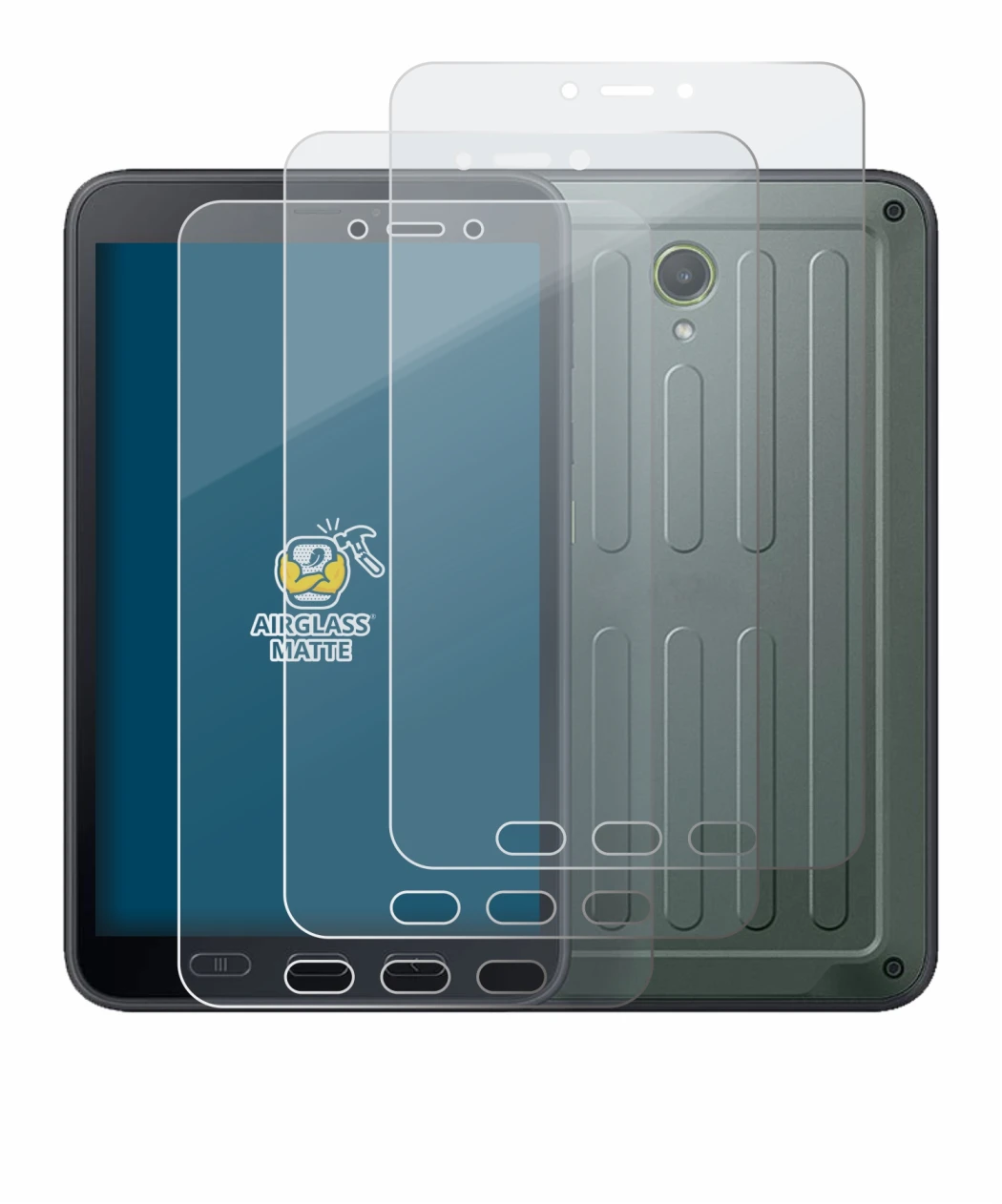 Image de l'appareil Samsung Galaxy Tab Active 5 (portrait) avec une grande variété de protections d'écran.