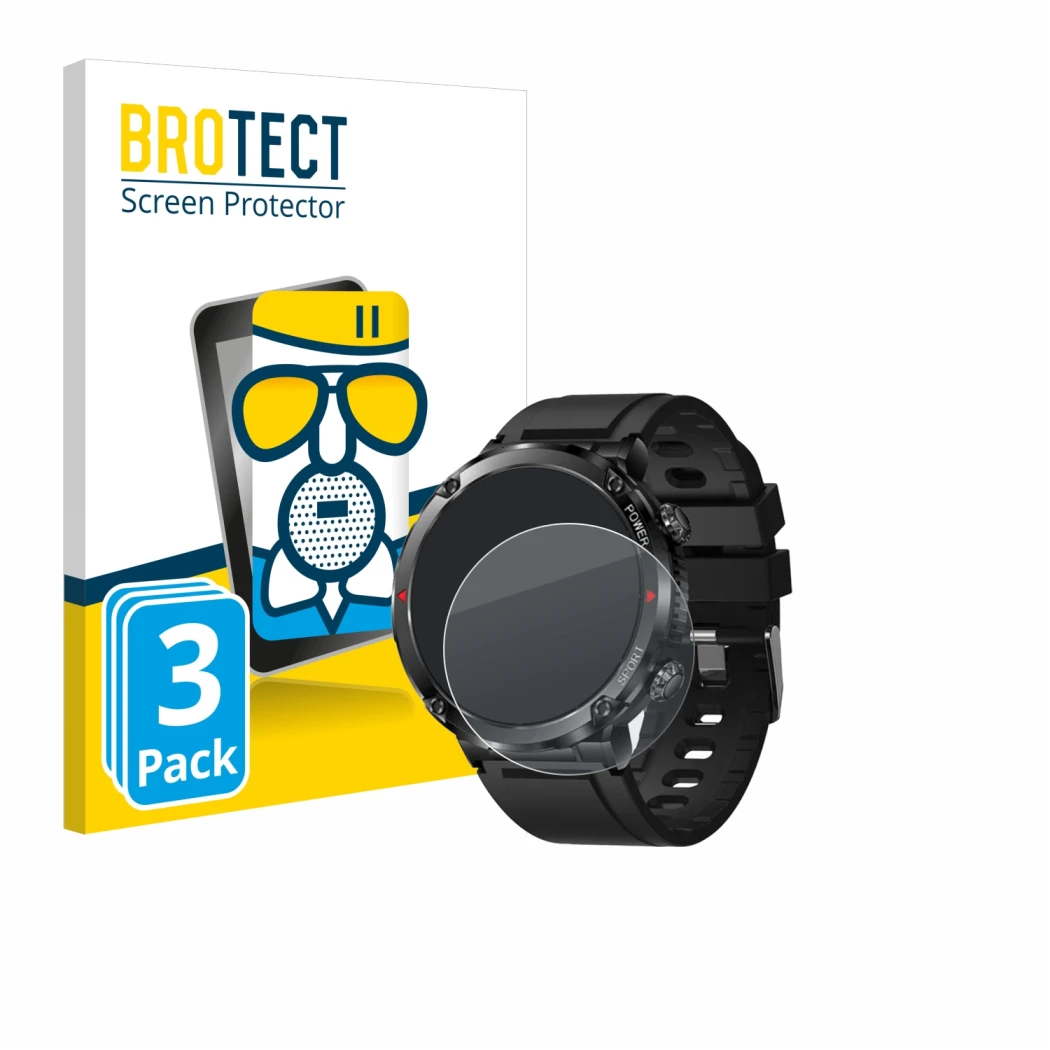 Face avant d’un emballage produit avec le logo de la marque BROTECT. À côté, l’appareil LIGE Smartwatch 1.6