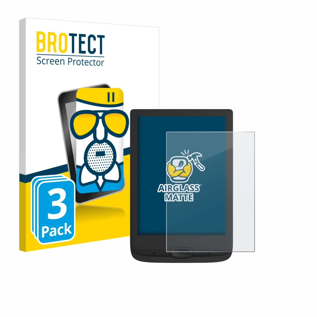 Face avant d’un emballage produit avec le logo de la marque BROTECT. À côté, l’appareil PocketBook Basic Lux 4 est représenté 