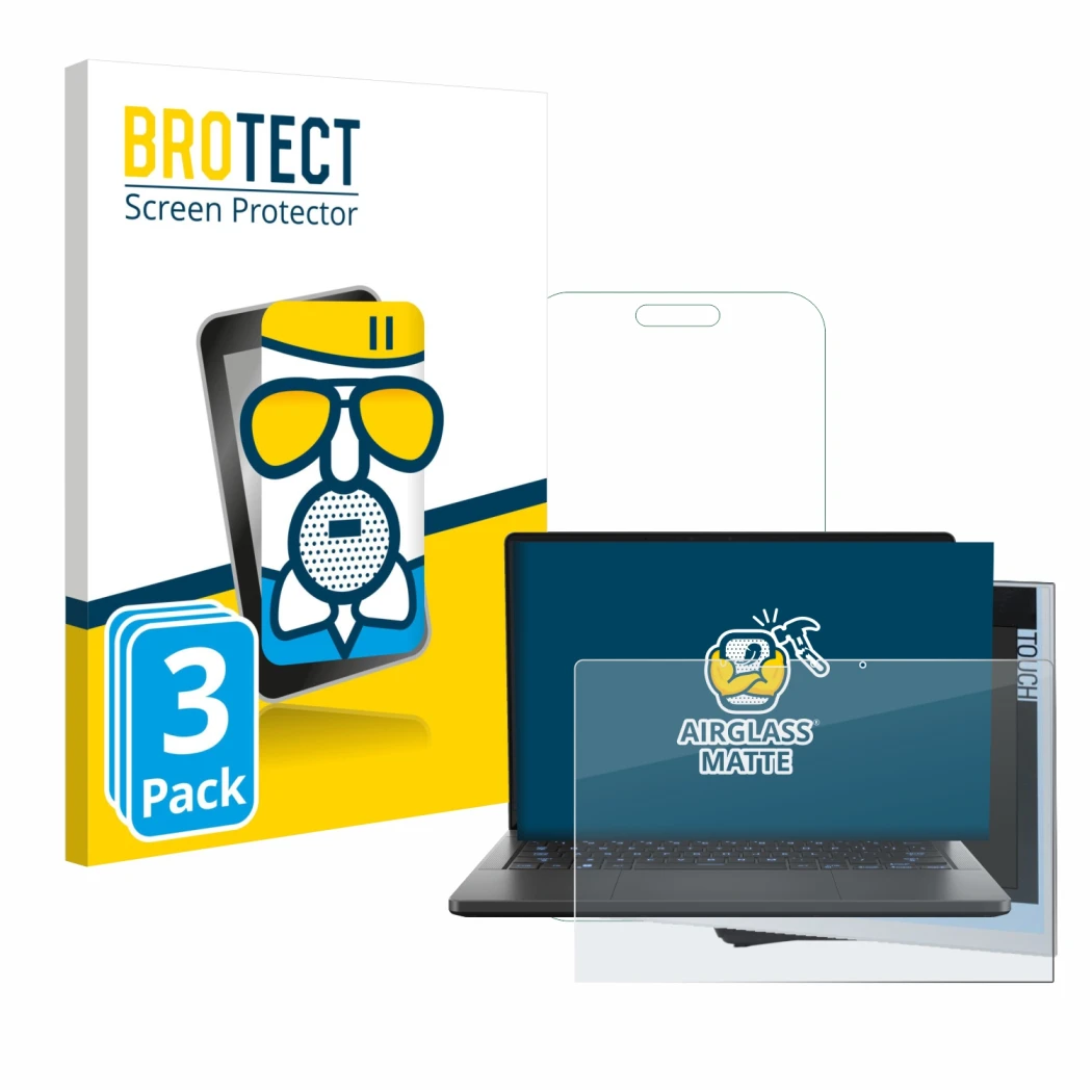 Face avant d’un emballage produit avec le logo de la marque BROTECT. À côté, l’appareil ASUS ROG Zephyrus G14 2024 GA403 est r