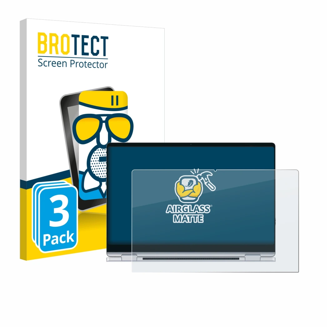 Face avant d’un emballage produit avec le logo de la marque BROTECT. À côté, l’appareil Samsung Galaxy Book4 360 15.6