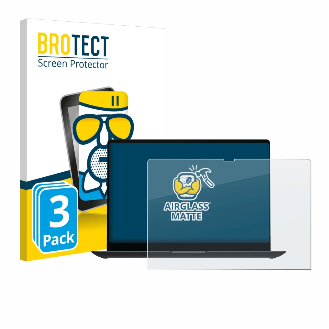 Face avant d’un emballage produit avec le logo de la marque BROTECT. À côté, l’appareil Samsung Galaxy Book4 Ultra 16