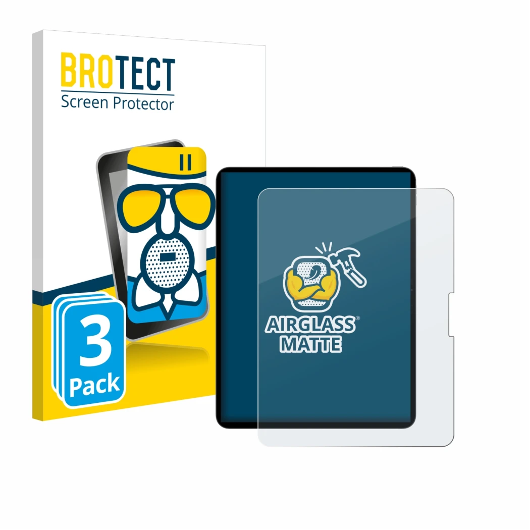 Face avant d’un emballage produit avec le logo de la marque BROTECT. À côté, l’appareil Apple iPad Pro 13