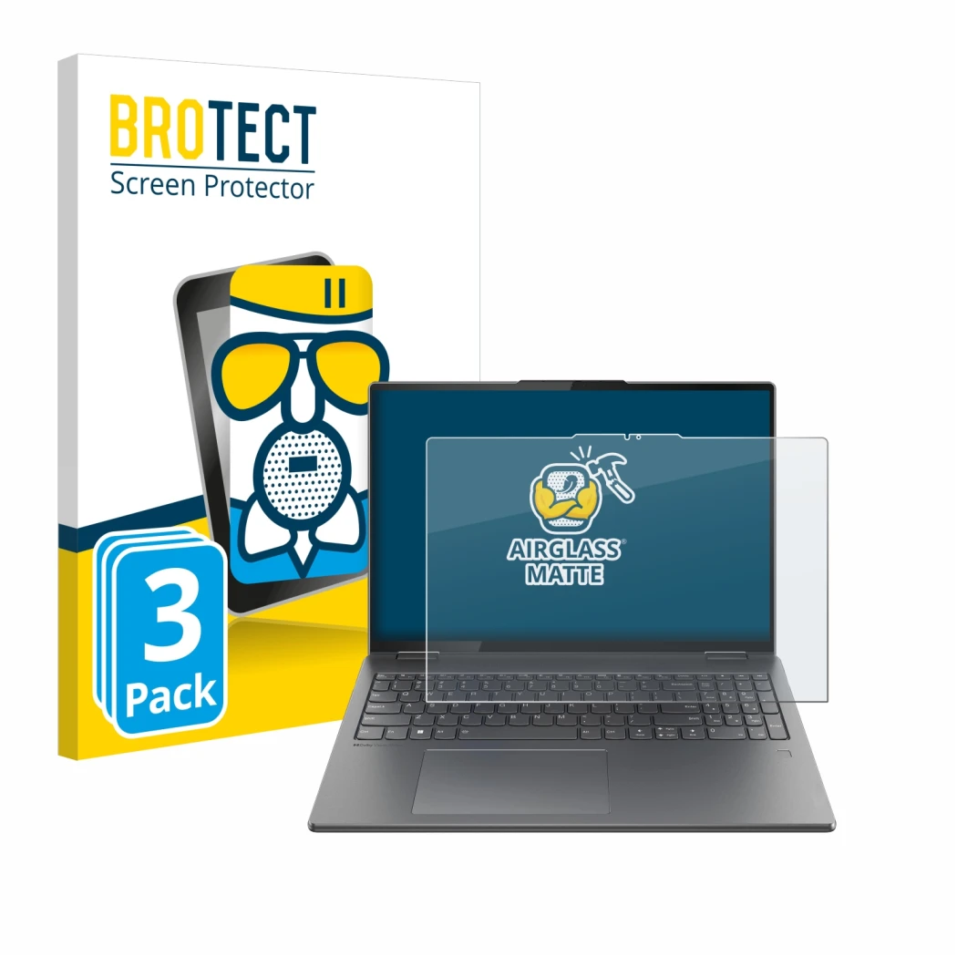 Face avant d’un emballage produit avec le logo de la marque BROTECT. À côté, l’appareil Lenovo Yoga 7i 2-in-1 Gen 9 16