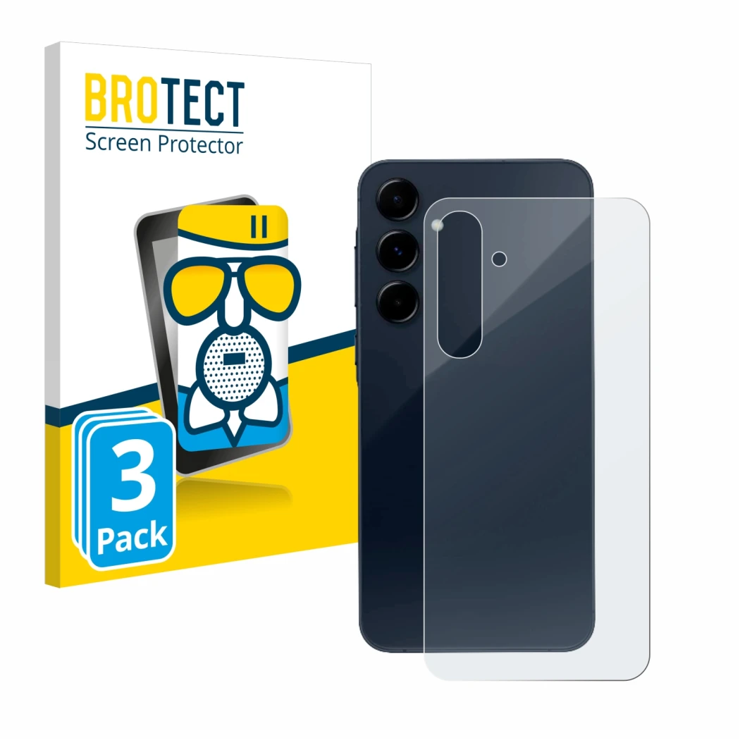 Face avant d’un emballage produit avec le logo de la marque BROTECT. À côté, l’appareil Samsung Galaxy A35 5G (Arrière) est re
