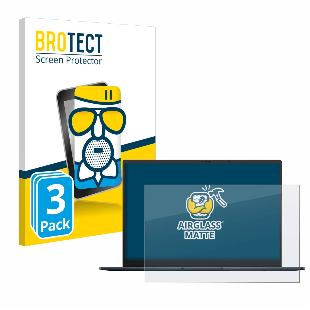 Face avant d’un emballage produit avec le logo de la marque BROTECT. À côté, l’appareil ASUS ZenBook 14 OLED UX3405 Non-Touch 