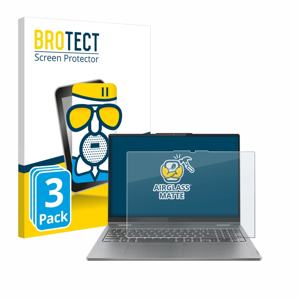 Face avant d’un emballage produit avec le logo de la marque BROTECT. À côté, l’appareil Lenovo IdeaPad 5 2-in-1 Gen 9 16