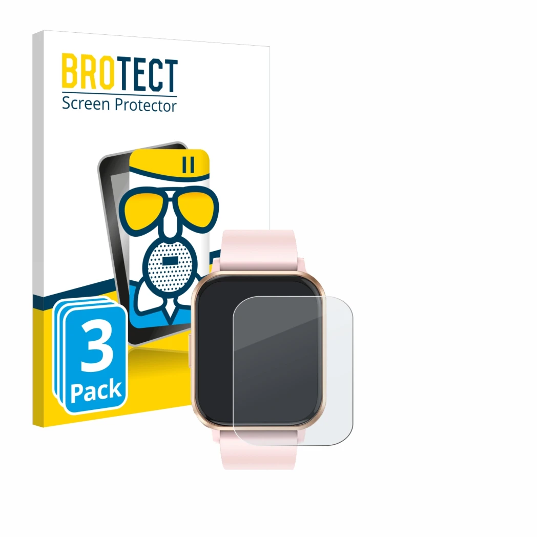 Face avant d’un emballage produit avec le logo de la marque BROTECT. À côté, l’appareil walkbee Smartwatch 1.83