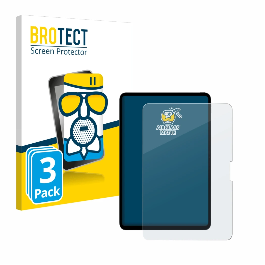 Face avant d’un emballage produit avec le logo de la marque BROTECT. À côté, l’appareil Apple iPad Pro 13