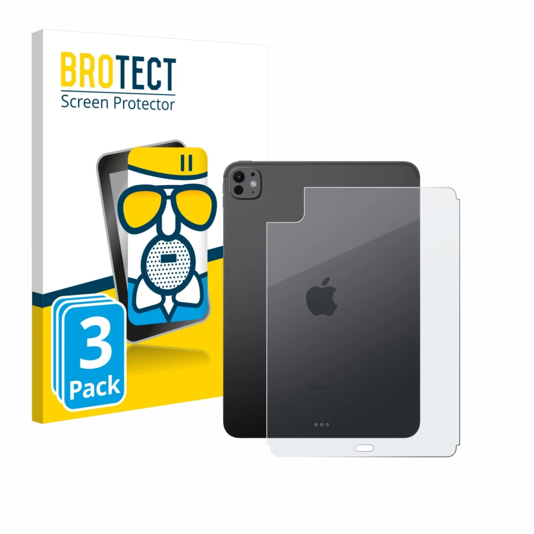Face avant d’un emballage produit avec le logo de la marque BROTECT. À côté, l’appareil Apple iPad Pro 11