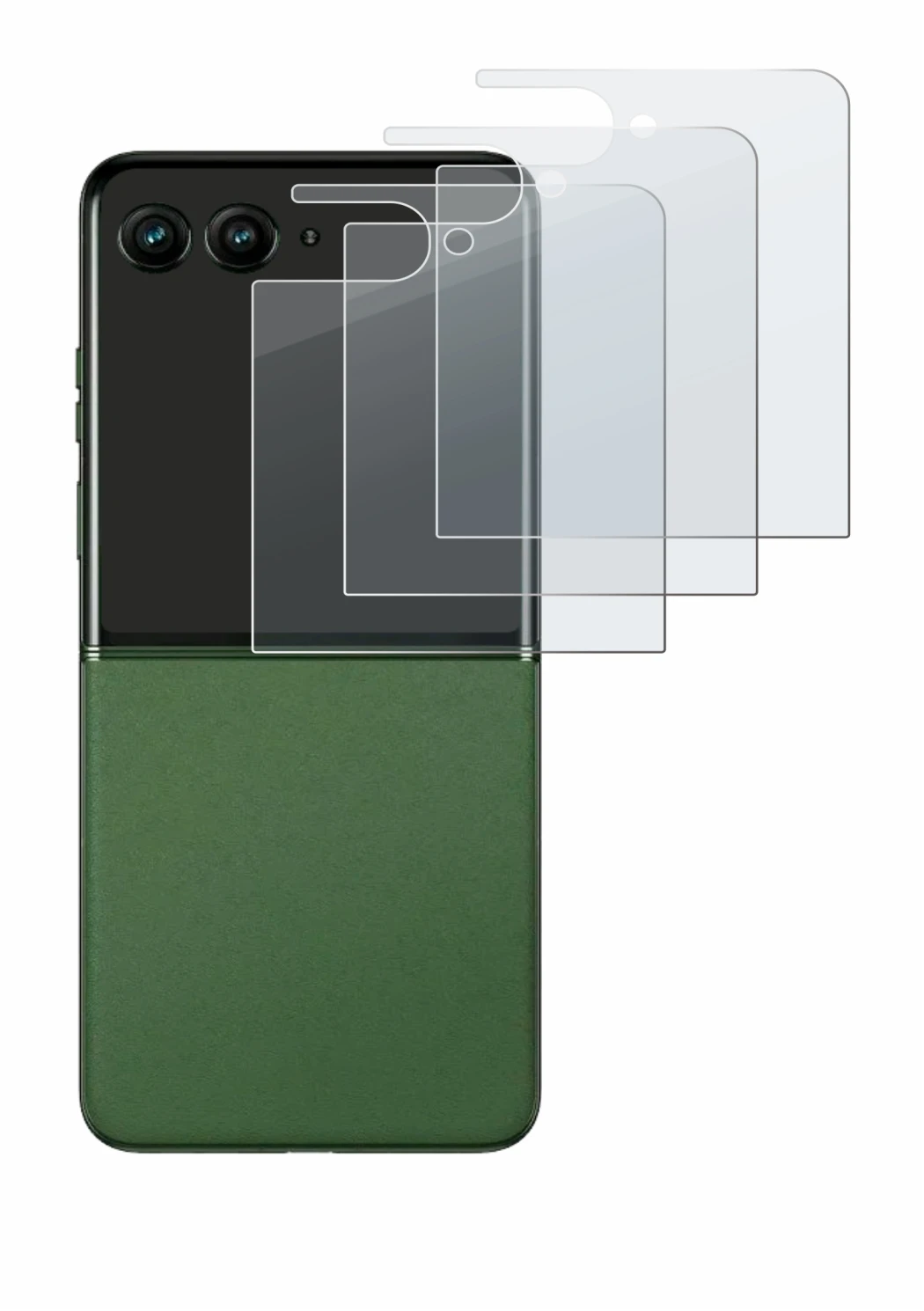 Image de l'appareil Motorola Razr 50 Ultra (Affichage arrière) avec une grande variété de protections d'écran.