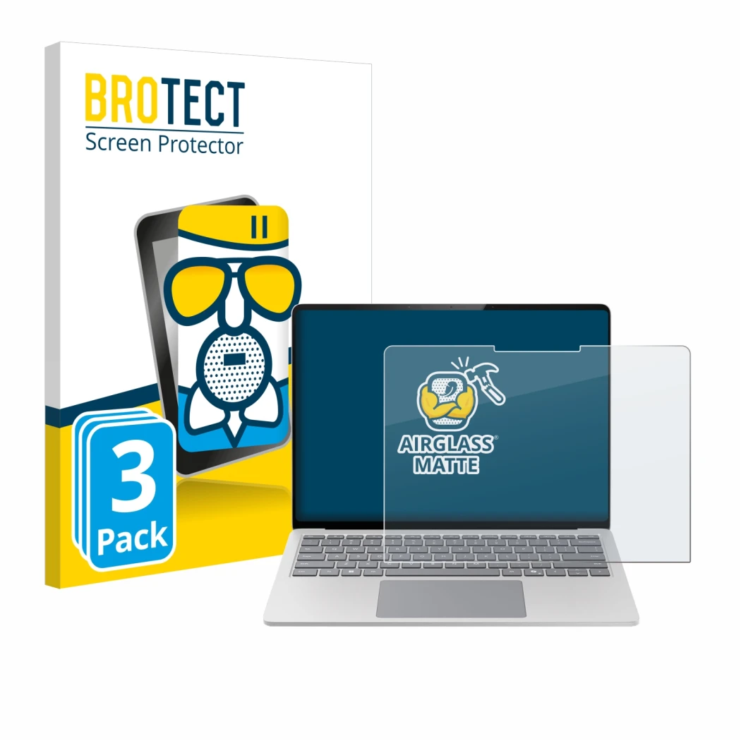 Face avant d’un emballage produit avec le logo de la marque BROTECT. À côté, l’appareil Microsoft Surface Laptop 7 15