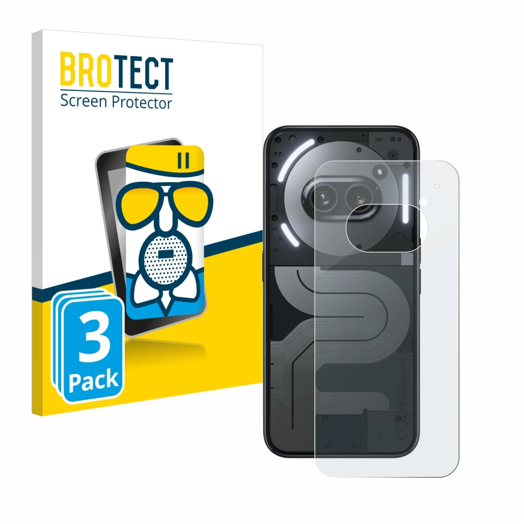 Face avant d’un emballage produit avec le logo de la marque BROTECT. À côté, l’appareil Nothing Phone (2a) Plus (Arrière) est 