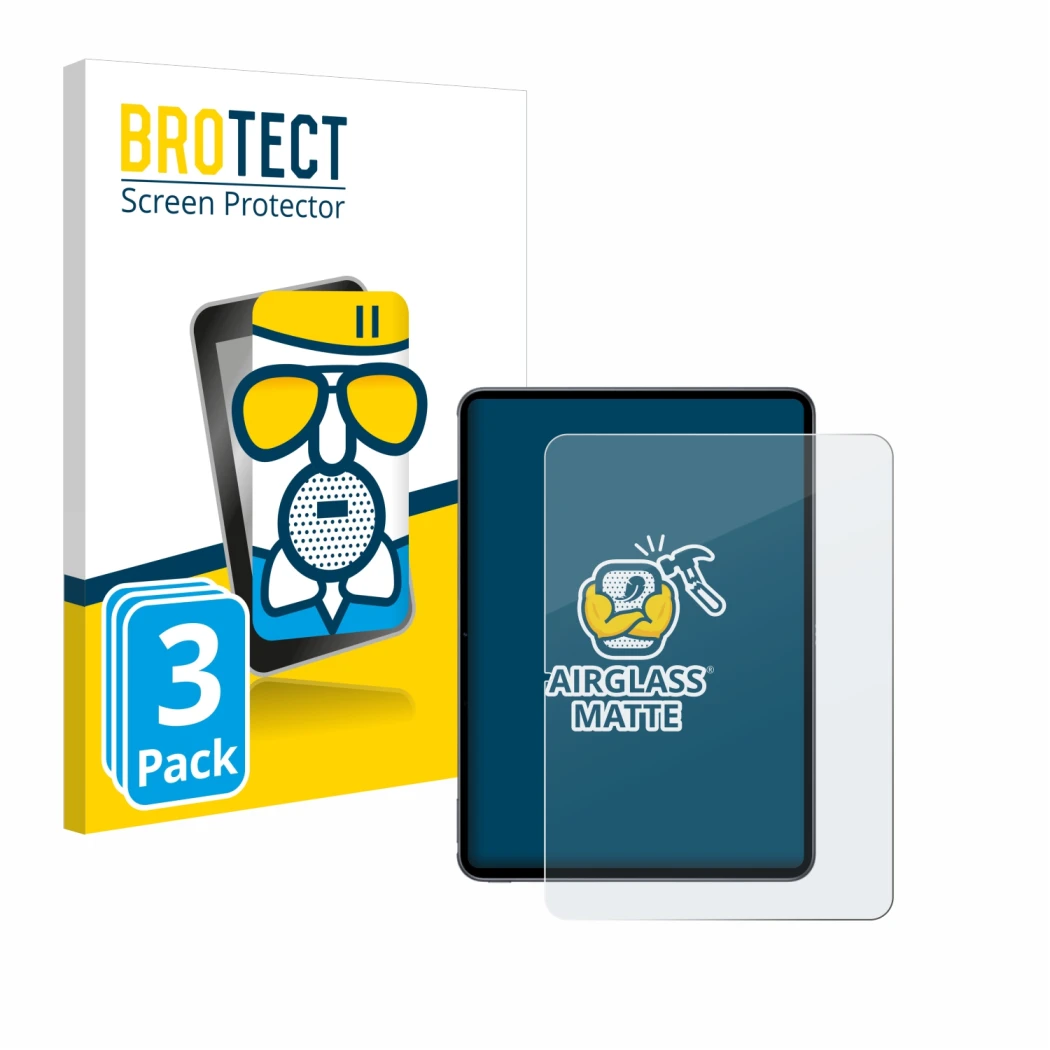 Face avant d’un emballage produit avec le logo de la marque BROTECT. À côté, l’appareil OnePlus Pad 2 (portrait) est représent