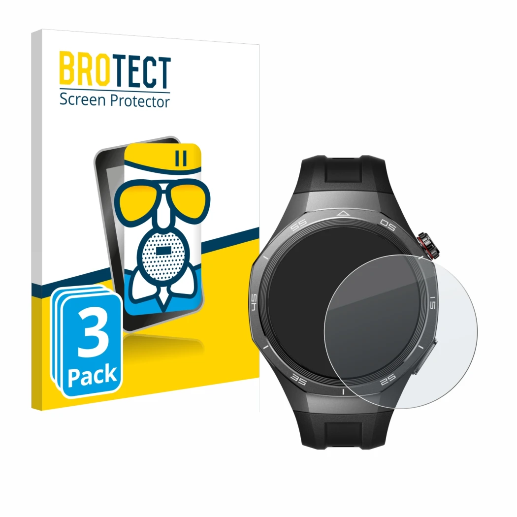 Face avant d’un emballage produit avec le logo de la marque BROTECT. À côté, l’appareil Huawei Watch GT 5 Pro (46 mm) est repr