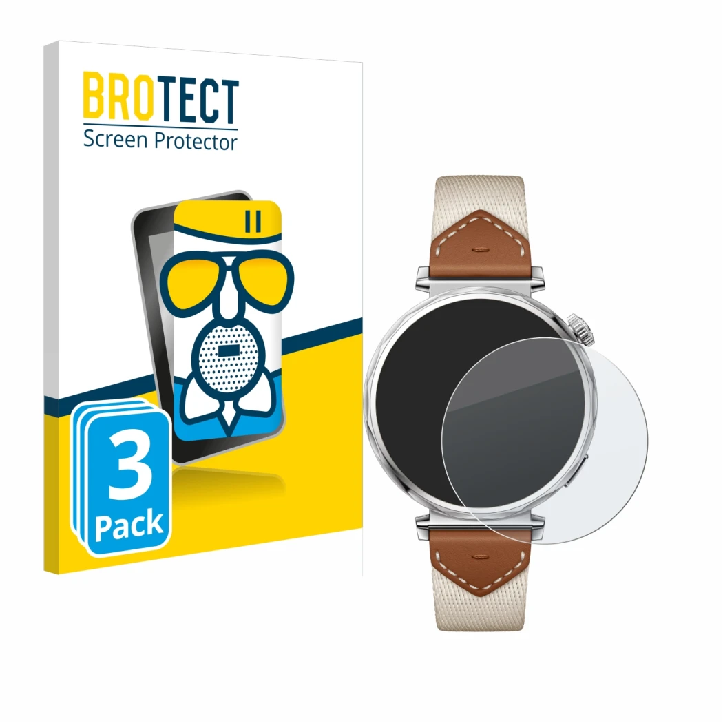 Face avant d’un emballage produit avec le logo de la marque BROTECT. À côté, l’appareil Huawei Watch GT 5 (41 mm) est représen