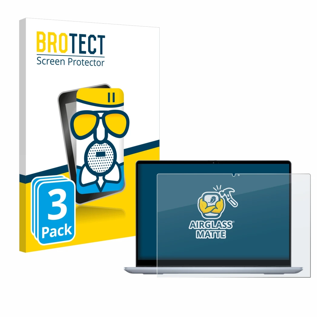 Face avant d’un emballage produit avec le logo de la marque BROTECT. À côté, l’appareil Dell Inspiron 14 7445 2-in-1 est repré