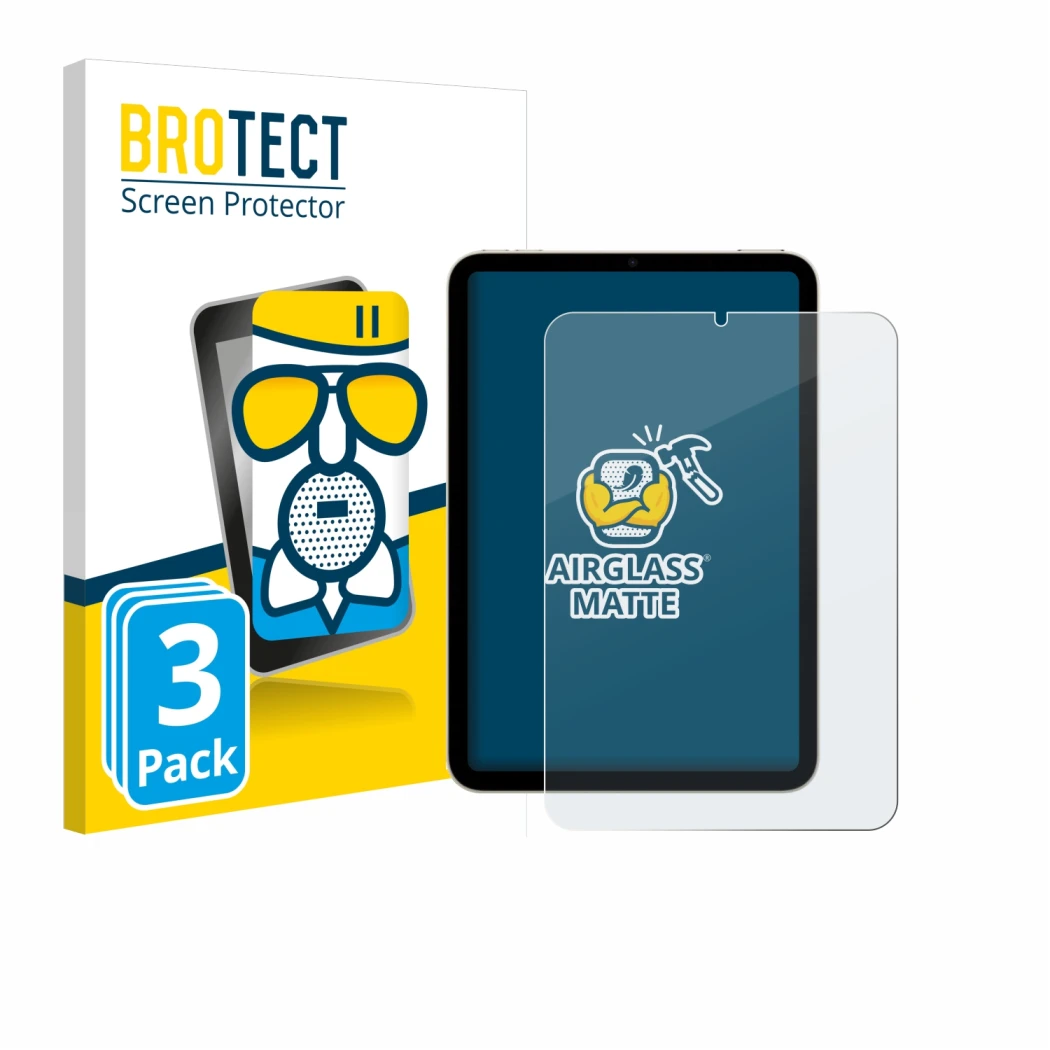 Face avant d’un emballage produit avec le logo de la marque BROTECT. À côté, l’appareil Apple iPad Mini 7 WiFi 2024 est représ