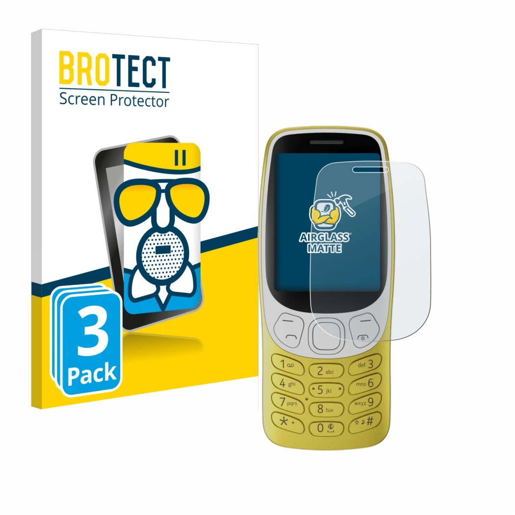 Face avant d’un emballage produit avec le logo de la marque BROTECT. À côté, l’appareil Nokia 3210 est représenté avec la prot