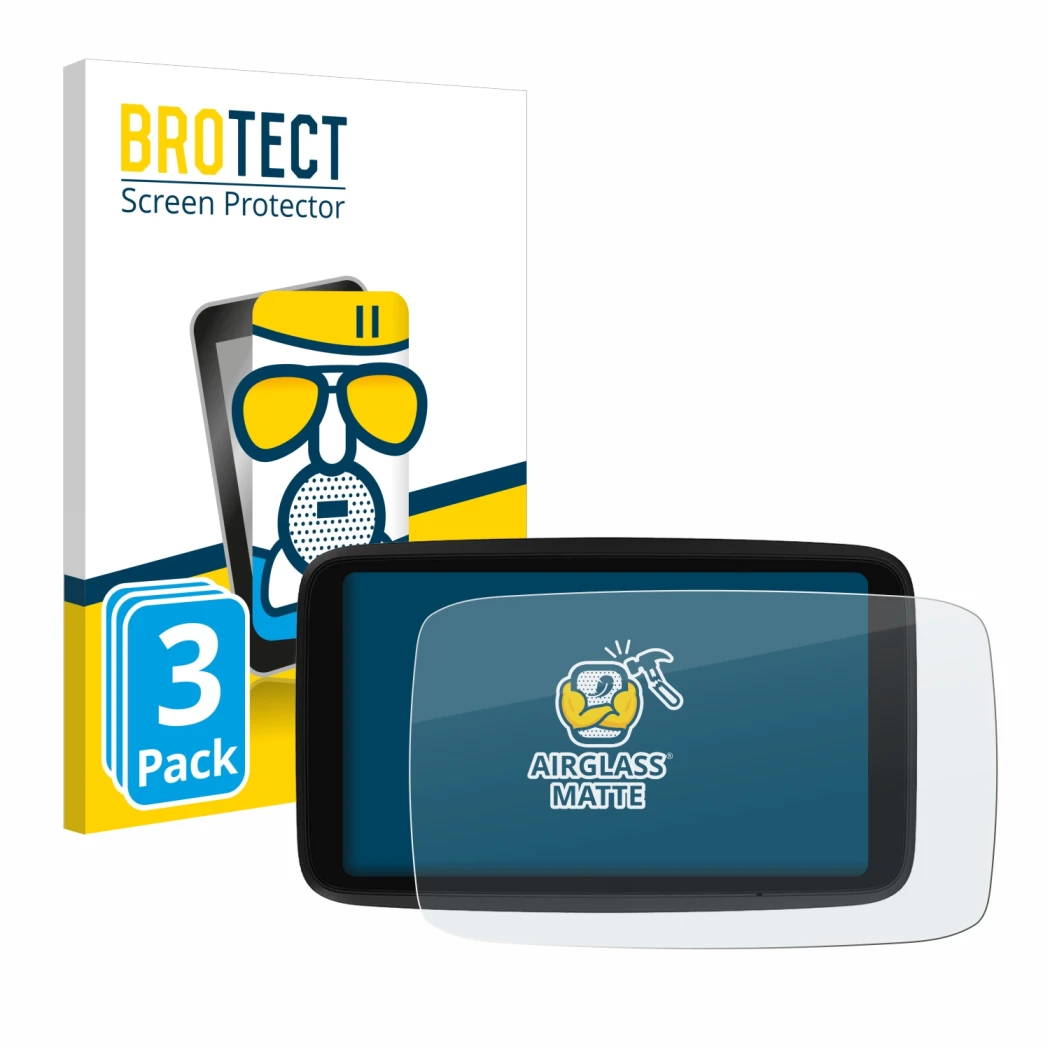 Face avant d’un emballage produit avec le logo de la marque BROTECT. À côté, l’appareil TomTom GO Advanced est représenté avec