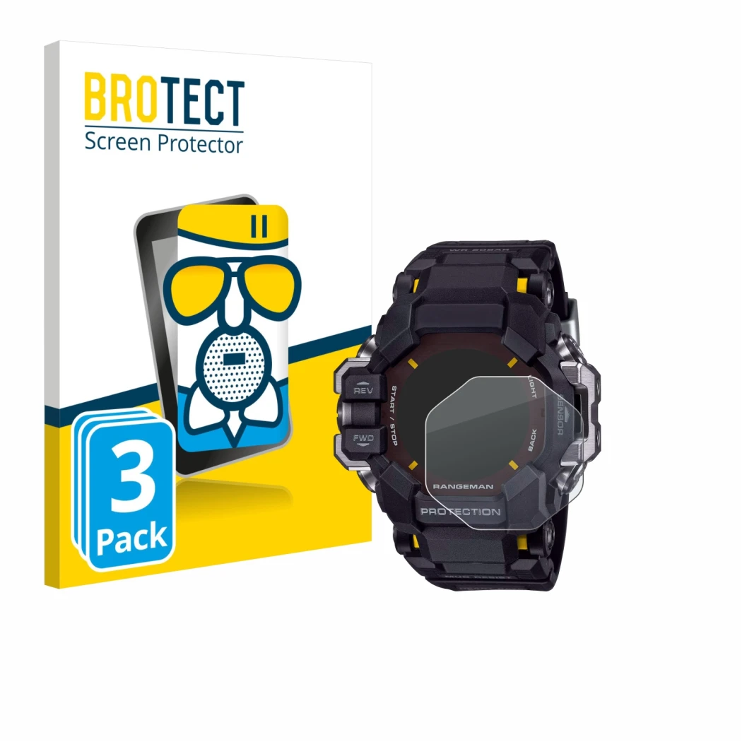 Face avant d’un emballage produit avec le logo de la marque BROTECT. À côté, l’appareil Casio G-Shock GPR-H 1000 est représent
