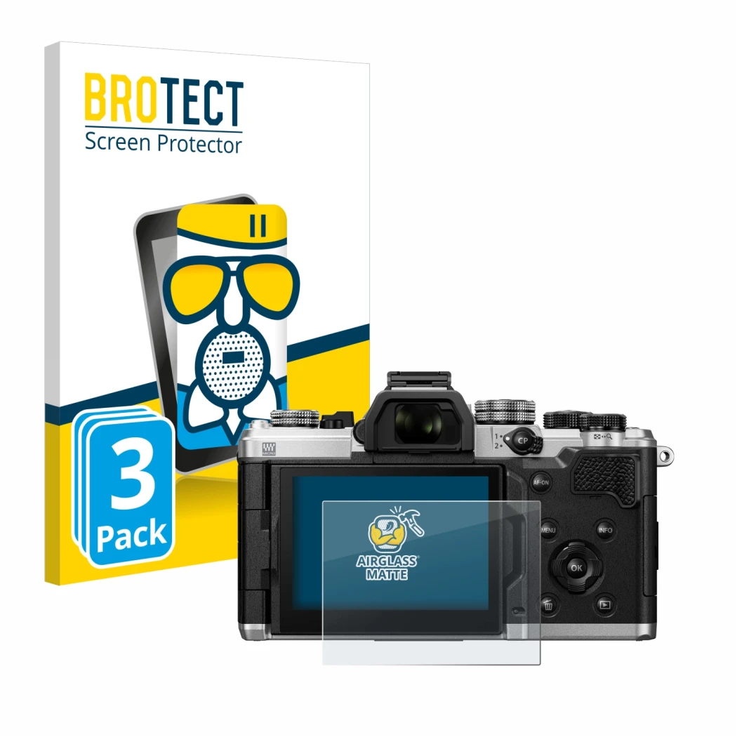 Face avant d’un emballage produit avec le logo de la marque BROTECT. À côté, l’appareil OM System OM-3 est représenté avec la