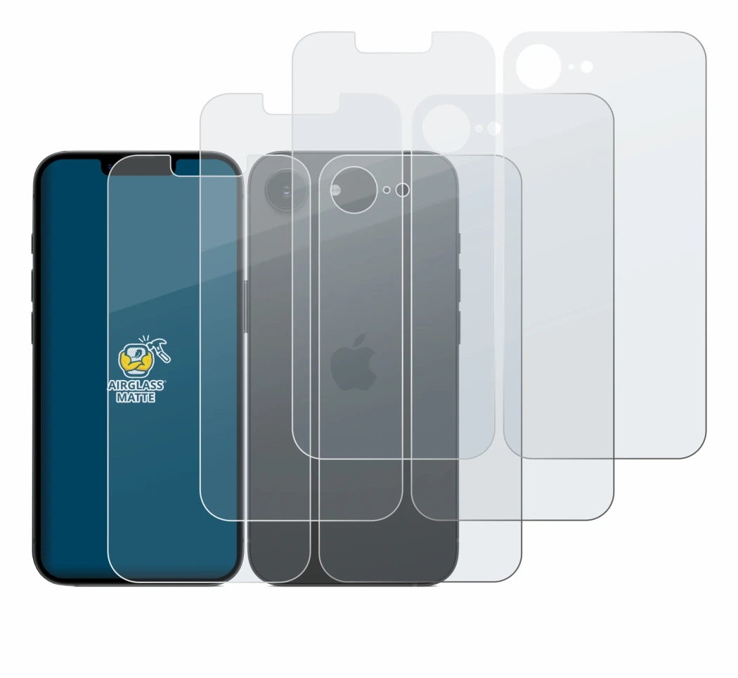 Image de l'appareil Apple iPhone 16e (Avant+Arrière) avec une grande variété de protections d'écran.