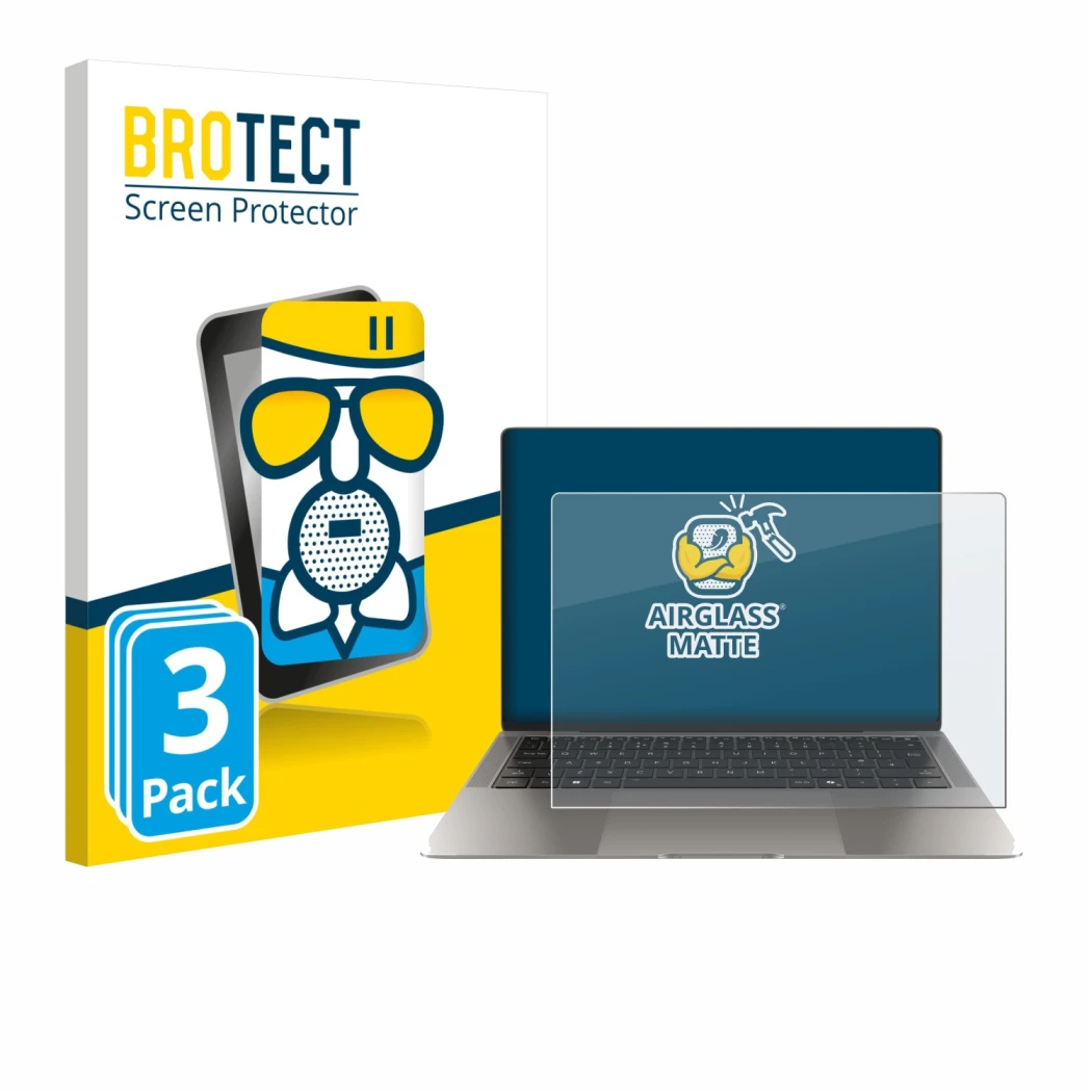 Face avant d’un emballage produit avec le logo de la marque BROTECT. À côté, l’appareil Honor MagicBook Art 14 est représenté 