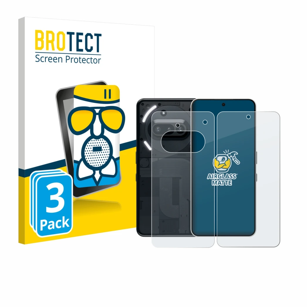 Face avant d’un emballage produit avec le logo de la marque BROTECT. À côté, l’appareil Nothing Phone (3a) (Avant+Arrière) est