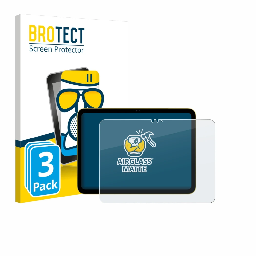 Face avant d’un emballage produit avec le logo de la marque BROTECT. À côté, l’appareil Apple iPad Air 11