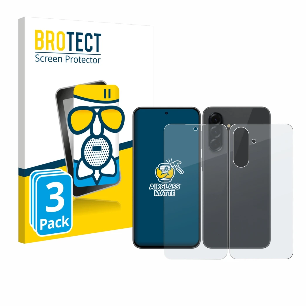Face avant d’un emballage produit avec le logo de la marque BROTECT. À côté, l’appareil Samsung Galaxy A36 5G (Avant+Arrière) 
