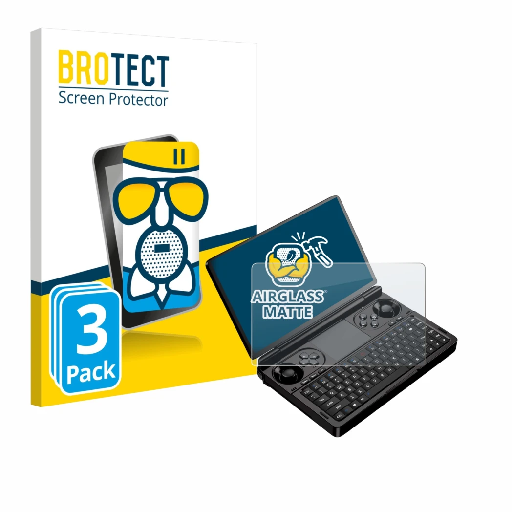 Face avant d’un emballage produit avec le logo de la marque BROTECT. À côté, l’appareil GPD Win Mini (2025) est représenté ave