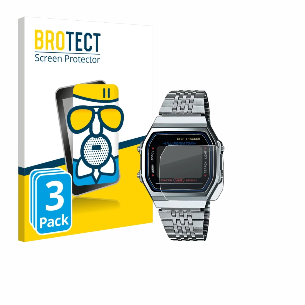 Face avant d’un emballage produit avec le logo de la marque BROTECT. À côté, l’appareil Casio iconic ABL-100WE-1A est représen