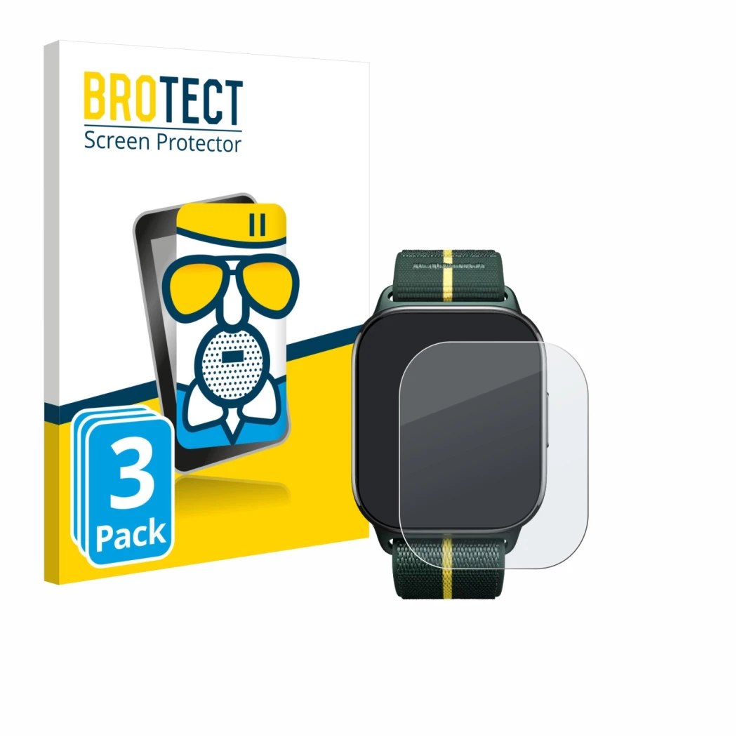 Face avant d’un emballage produit avec le logo de la marque BROTECT. À côté, l’appareil Motorola Moto watch fit est représenté