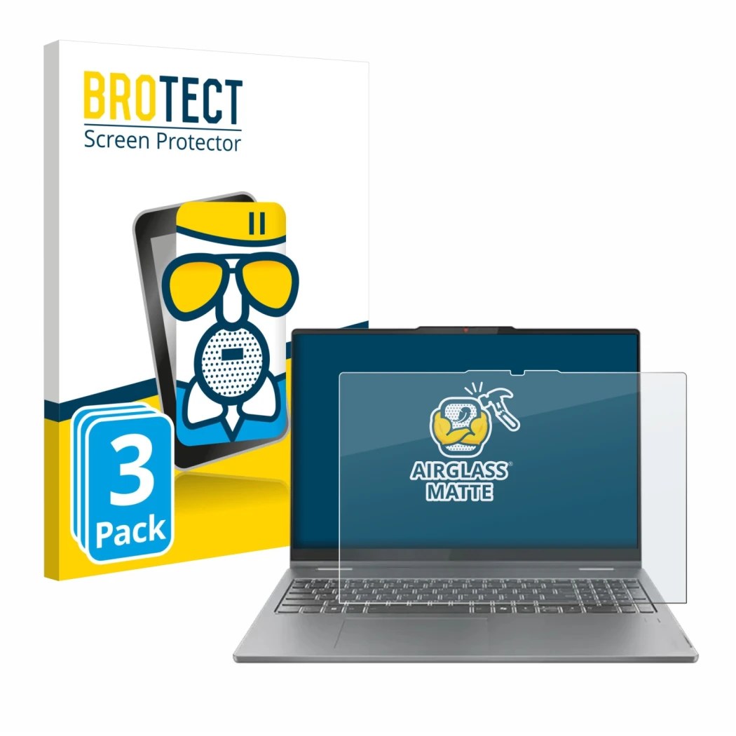 Face avant d’un emballage produit avec le logo de la marque BROTECT. À côté, l’appareil Lenovo IdeaPad 5 2-in-1 Gen 10 16