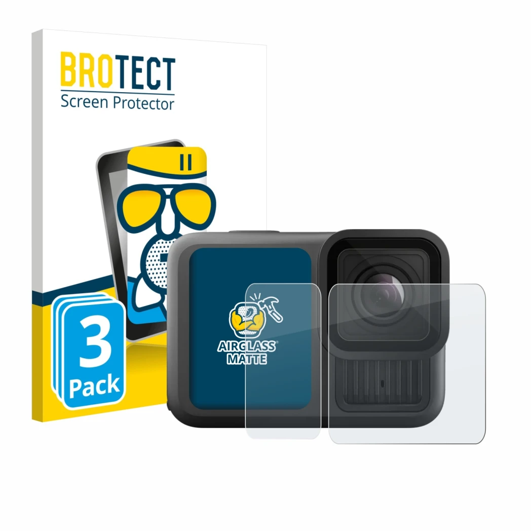 Face avant d’un emballage produit avec le logo de la marque BROTECT. À côté, l’appareil GoPro Hero 13 Black Ultra Wide Edition