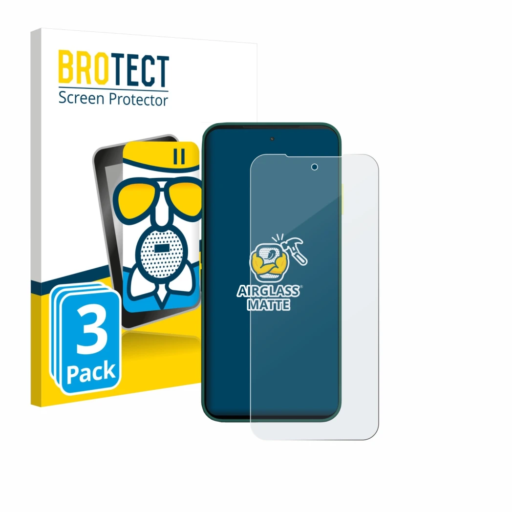 Face avant d’un emballage produit avec le logo de la marque BROTECT. À côté, l’appareil Fairphone 6 est représenté avec la pro