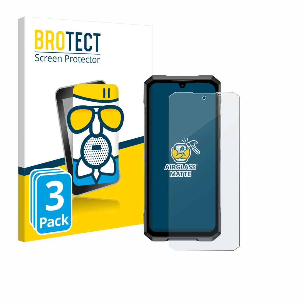 Face avant d’un emballage produit avec le logo de la marque BROTECT. À côté, l’appareil Doogee Blade GT Pro est représenté ave