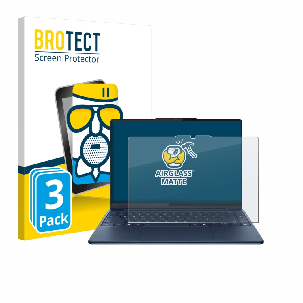 Face avant d’un emballage produit avec le logo de la marque BROTECT. À côté, l’appareil Lenovo Yoga Pro 9i Gen 10 Aura Edition